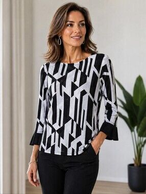 Womens Jane Norman Black & White Geometric‎ Long-Sleeve Top Size 14